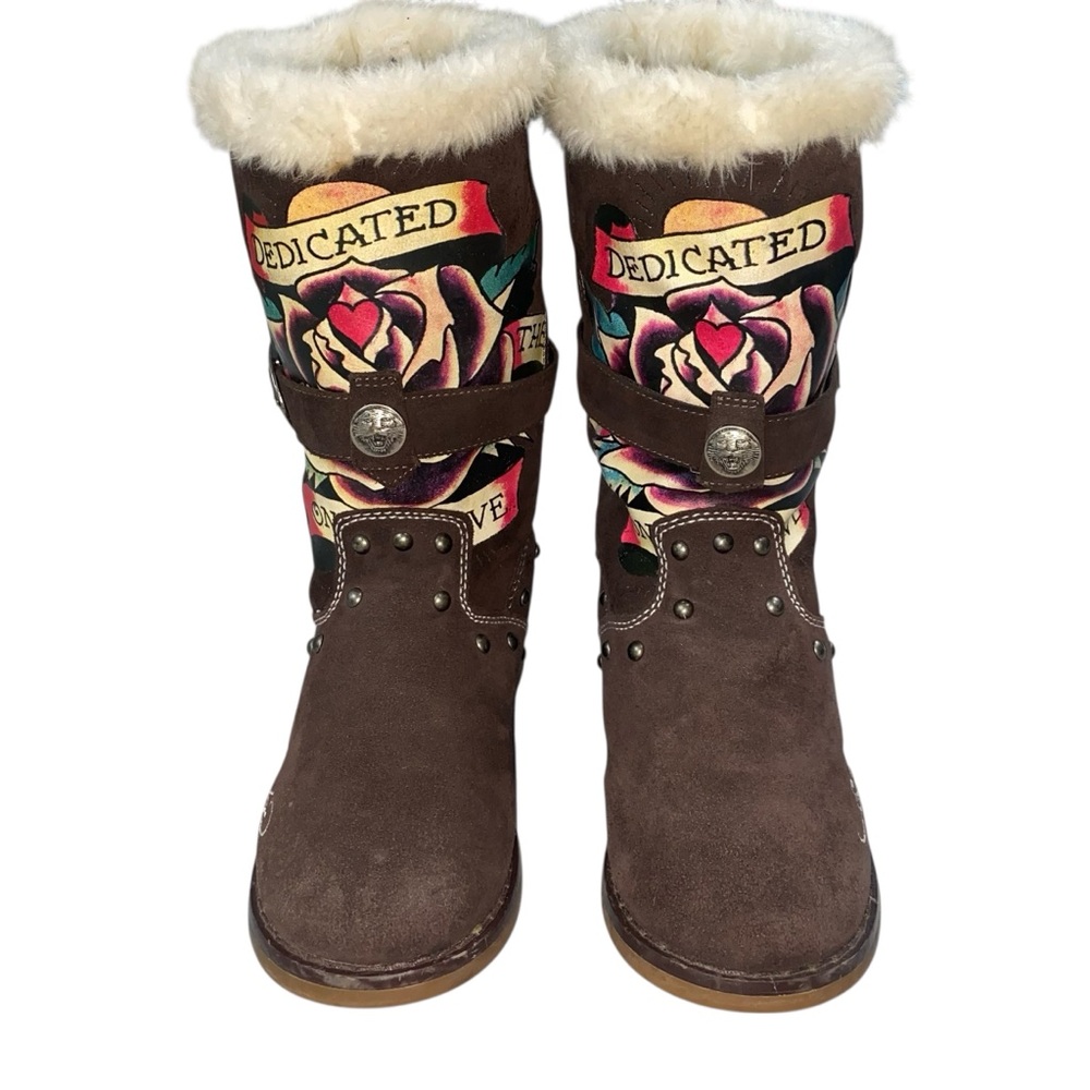 Ed Hardy DEDICATED TO THE ONE LOVE Leather Faux FurLined Size 5 Tattoo Style Y2K